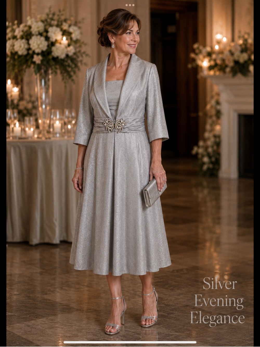 Silver Shimmer Evening Dress & Jacket Set Mother  of the Bride • Formal Occasion